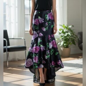 Dimitra Designs Floral High Low Satin Mermaid Style Maxi Skirt